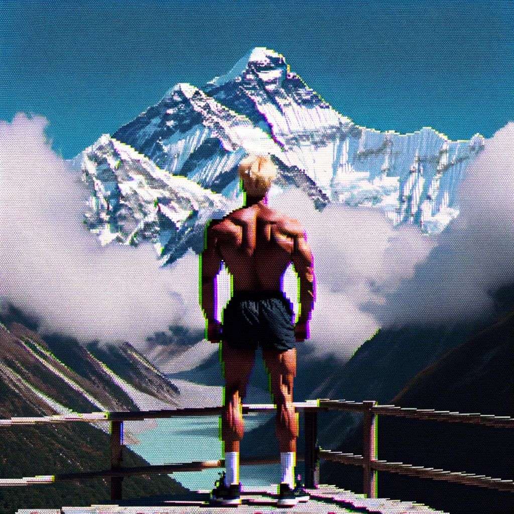 someone gazing at Mount Everest, pixel sorting glitch art